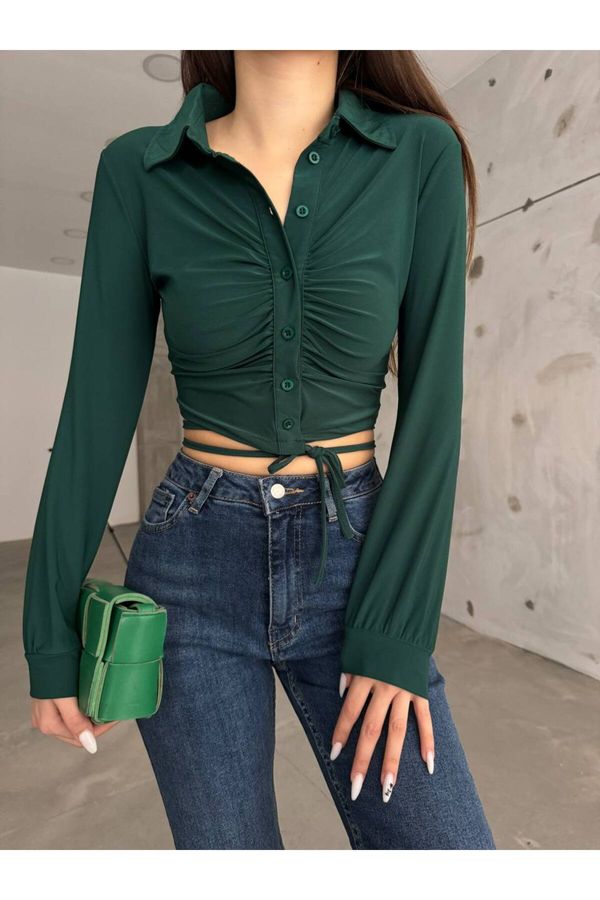 BİKELİFE BİKELİFE Women's Green Sandy Fabric Waist Rope Detail Gathered Shirt