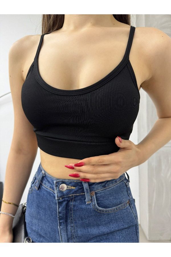 BİKELİFE BİKELİFE Women's Rope Strap Ribbed Padded Knitted Crop Top Blouse