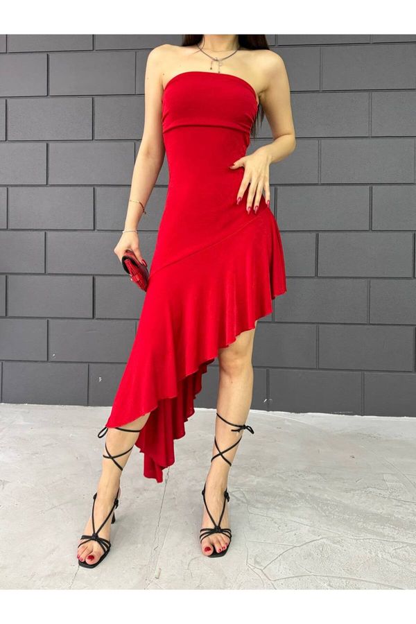 BİKELİFE BİKELİFE Women's Strapless Neck Asymmetric Cut Ruffle Detailed Dress