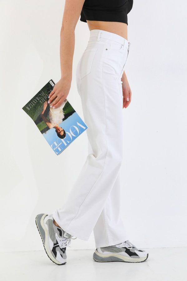 BİKELİFE BİKELİFE Women's White High Waist Lycra Flexible Wide Leg Palazzo Pants