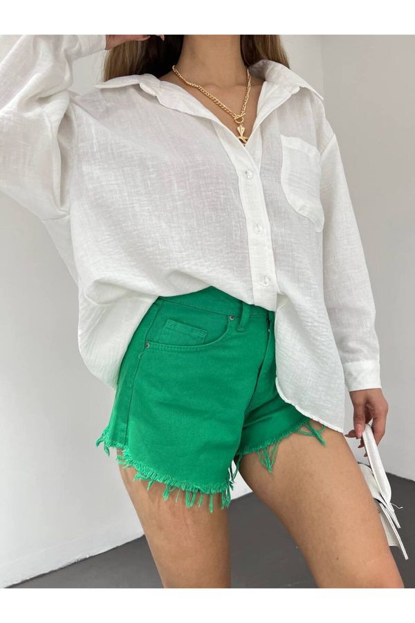 BİKELİFE BİKELİFE Women's White Single Pocket Oversize Linen Shirt