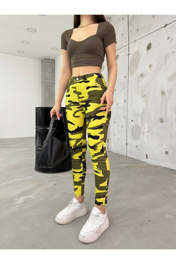 BİKELİFE BİKELİFE Yellow Camouflage Pattern Gabardine Leggings Pants