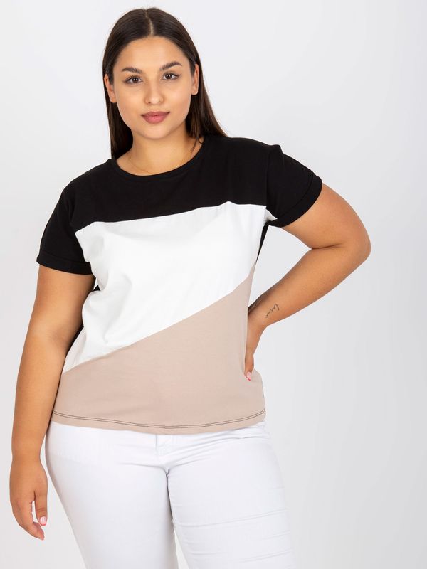 Fashionhunters Black-beige T-shirt larger size with short sleeves