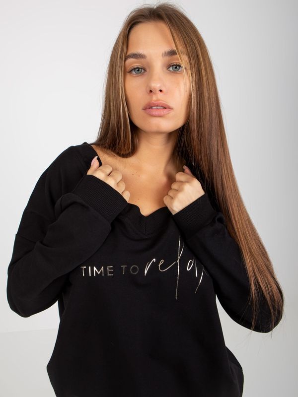 Fashionhunters Black cotton blouse with lettering and neckline