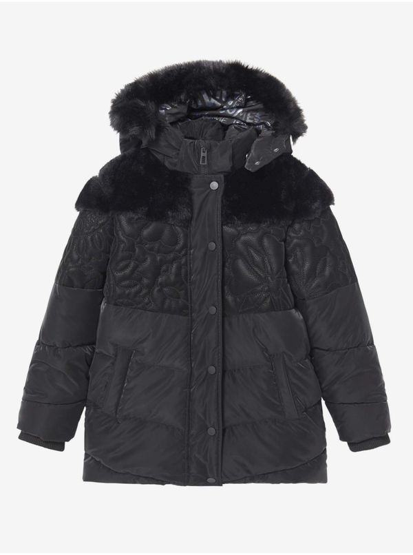 DESIGUAL Black Girls' Patterned Winter Jacket with Hood and Faux Fur Desigual Kid - Girls