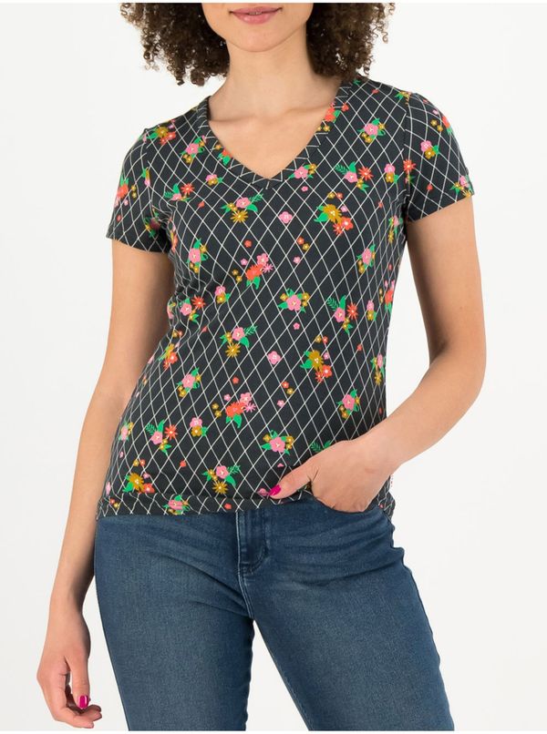 Blutsgeschwister Black patterned women's T-shirt Blutsgeschwister Grid of Flowers - Women's