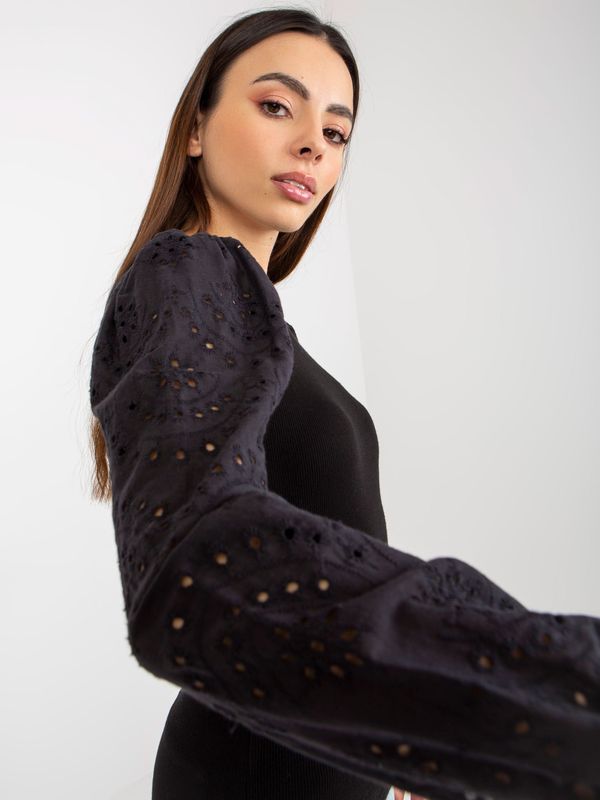 Fashionhunters Black ribbed formal blouse with openwork sleeves by OCH BELLA