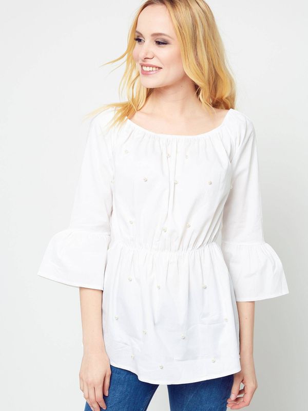 Yups Blouse with elastic waist decorated with pearls white