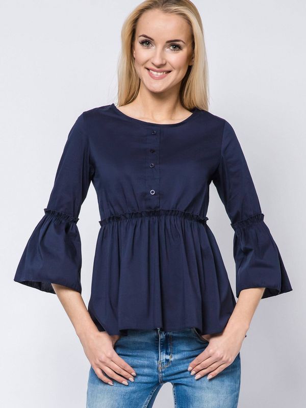 New collection Blouse with frills and lace-up neckline navy blue