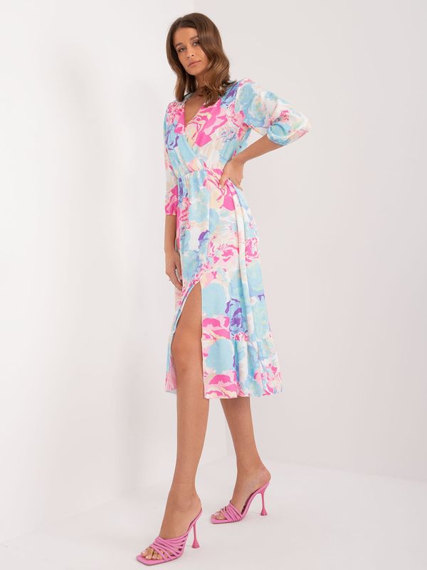 Fashionhunters Blue and pink dress with slit and ruffles RUE PARIS