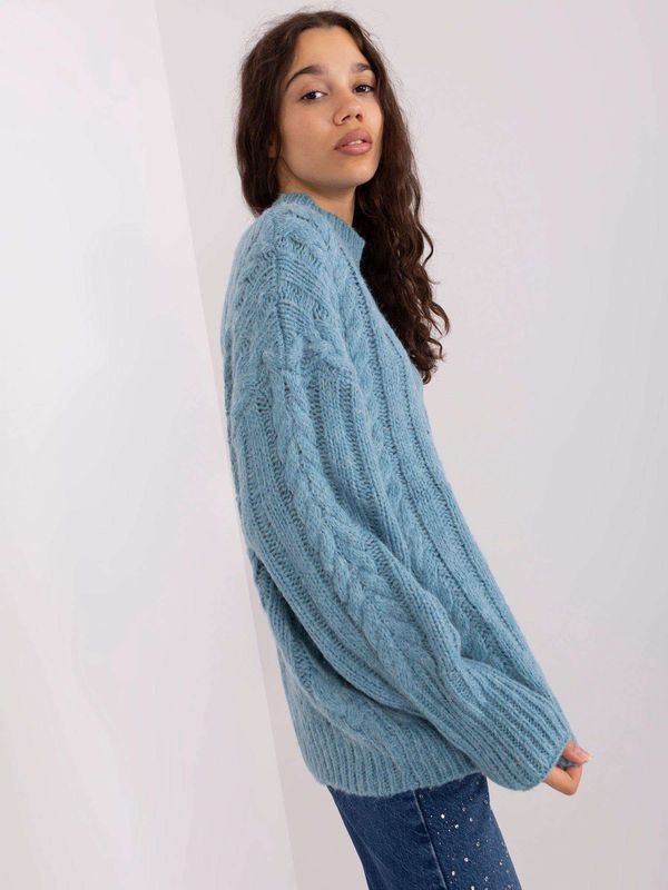 Fashionhunters Blue loose sweater with cables