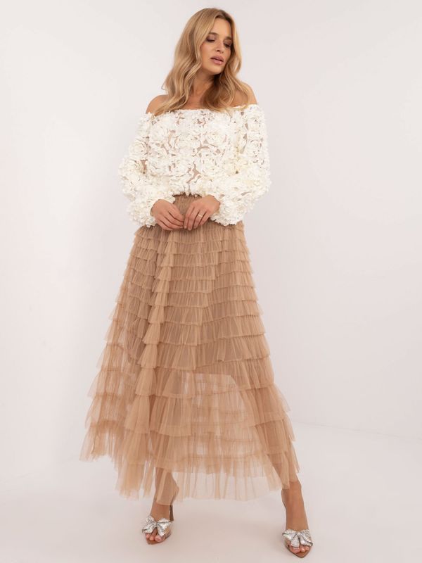 Fashionhunters Brown long tulle skirt with ruffles