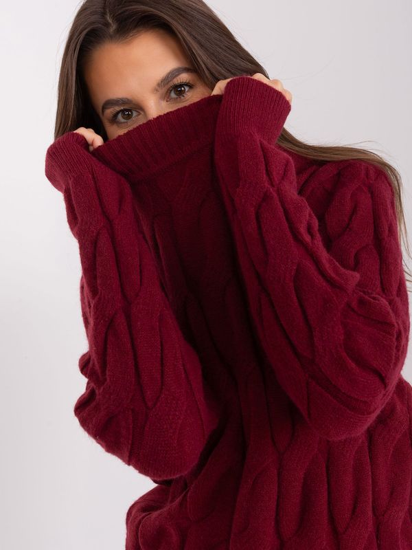 Fashionhunters Burgundy knitted sweater with cables