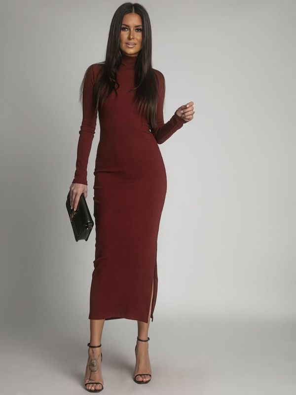 FASARDI Burgundy turtleneck maxi dress with side slit