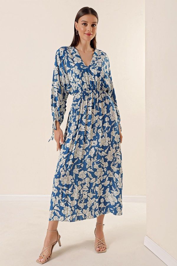 By Saygı By Saygı Bat Sleeve Elastic Waist Pocket Floral Pattern Long Dress Blue