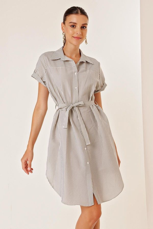 By Saygı By Saygı Belted Waist, Short Sleeves and Buttons Front Striped Seersucker Dress Gray