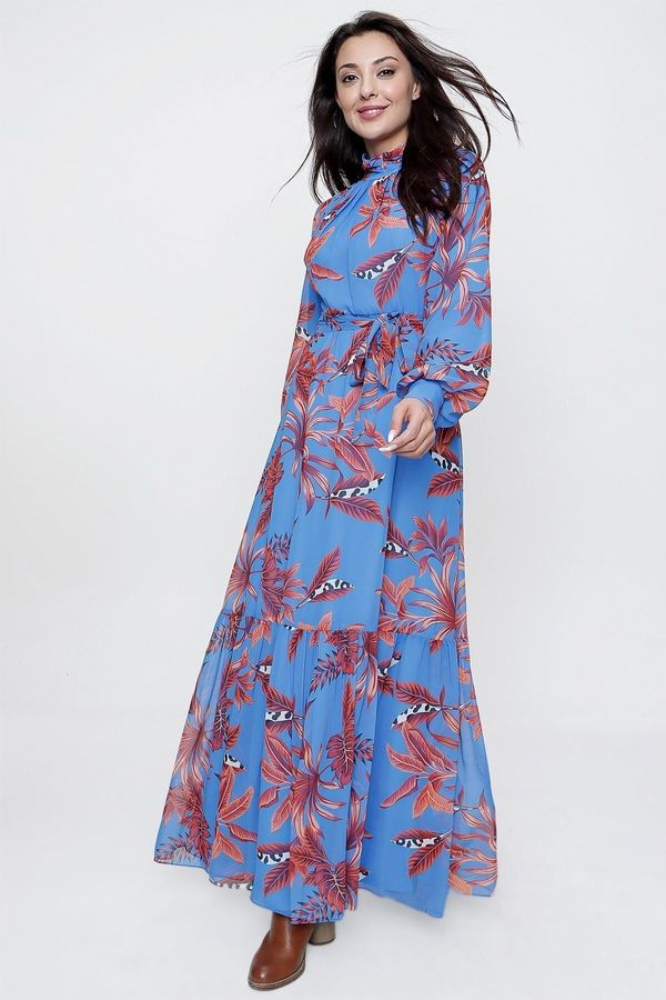 By Saygı By Saygı Blue Top Pleated Waist Belted Leaf Patterned Lined Long Chiffon Dress