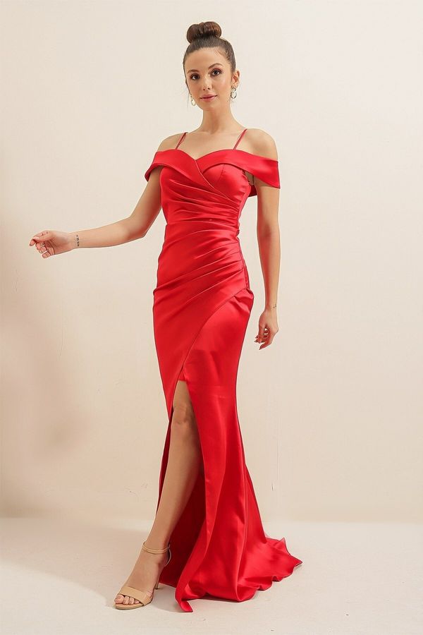 By Saygı By Saygı Boat Neck Skirt Pleated Lined Satin Long Dress Red