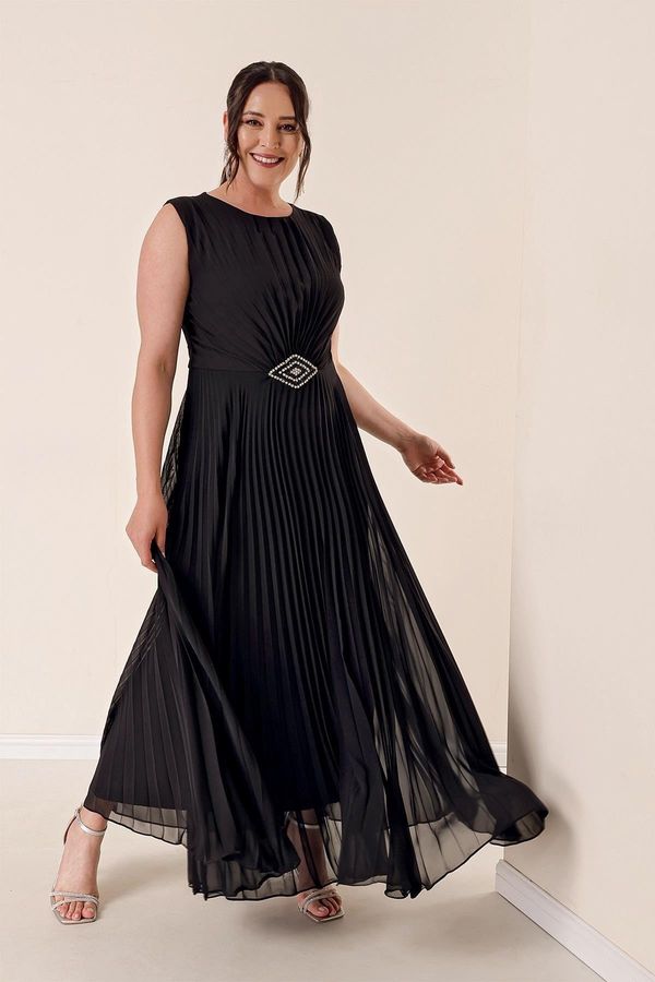 By Saygı By Saygı Buckled Waist, Pleats and Lined Uniforms. Chiffon Long Dress Black