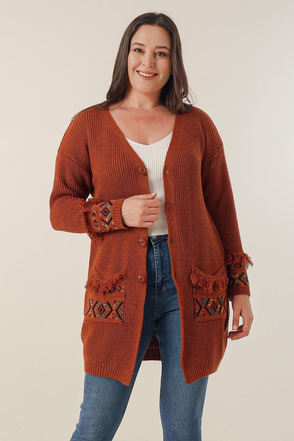 By Saygı By Saygı Button-up Front, Tassels Patterned Plus Size Cardigan with Pockets And At The Ends Of The Sleeves.