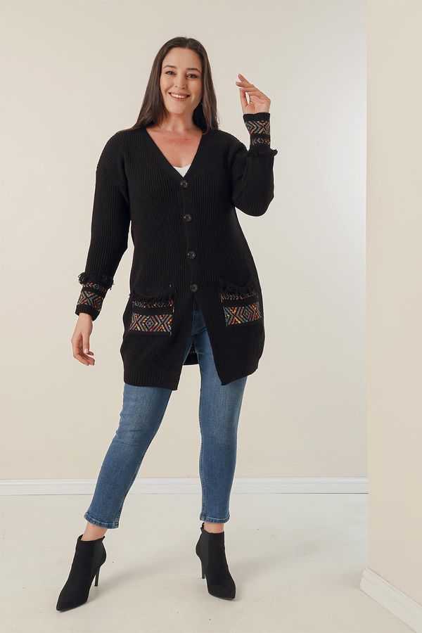 By Saygı By Saygı Button-up Front, Tassels Patterned Plus Size Cardigan with Pockets And At The Ends Of The Sleeves.