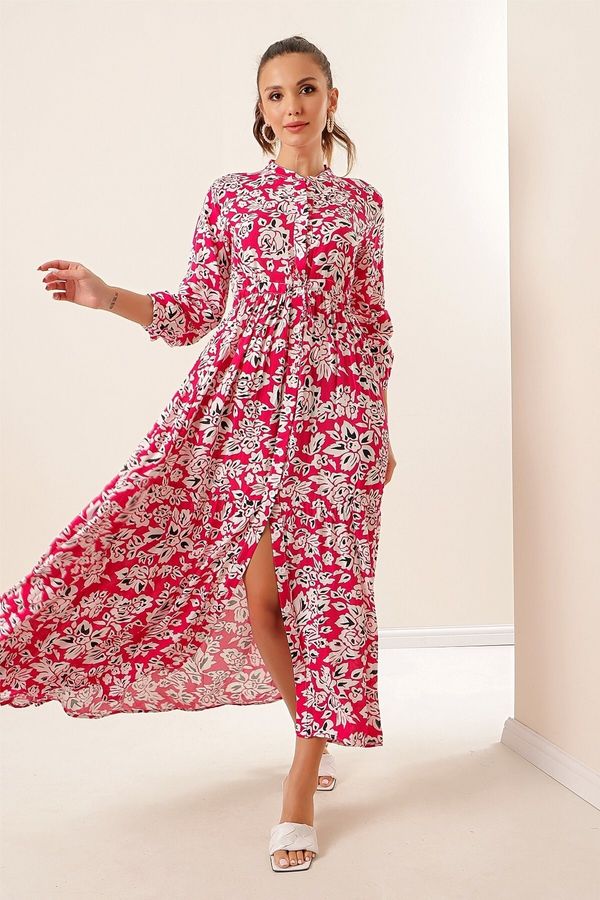 By Saygı By Saygı Buttoned Up Front, Tie Waist Floral Long Viscose Dress. Wide Sizes in Saks.