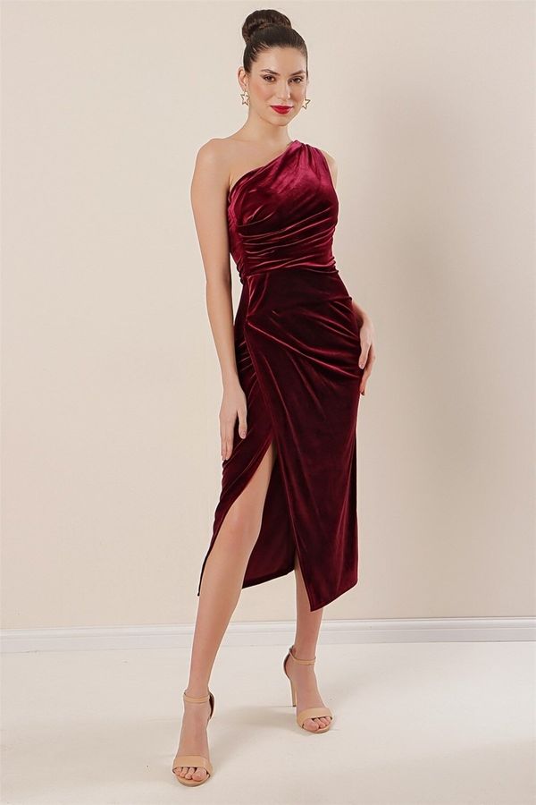 By Saygı By Saygı Claret Red Velvet Dress with Pleats in the Front