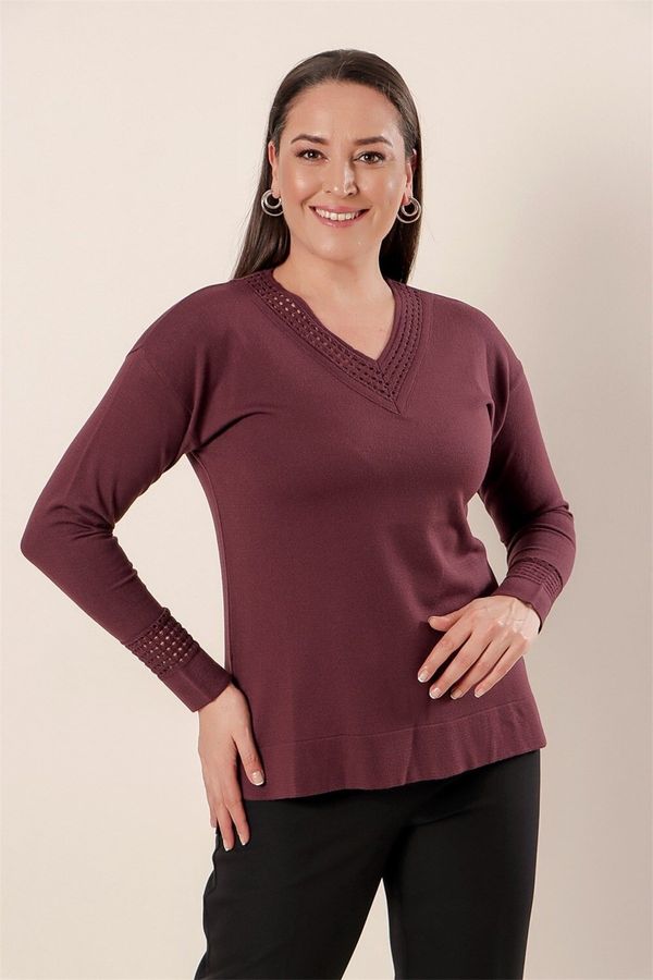 By Saygı By Saygı Collar And Sleeve Ends Silvery Hole Work Front Short Long Back Plus Size Acrylic Sweater Damson