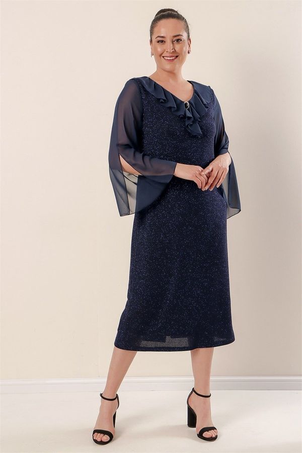By Saygı By Saygı Collar and Sleeves Chiffon Lined Lycra Glitter Plus Size Dress Wide Size Range Silver