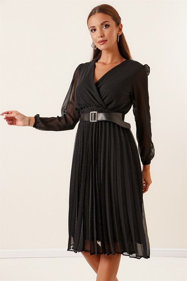 By Saygı By Saygı Double Breasted Collar Belted Lined Spotted Pleated Chiffon Dress Black