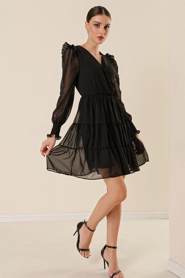 By Saygı By Saygı Double Breasted Collar Lined Chiffon Dress with Ruffled Sleeves