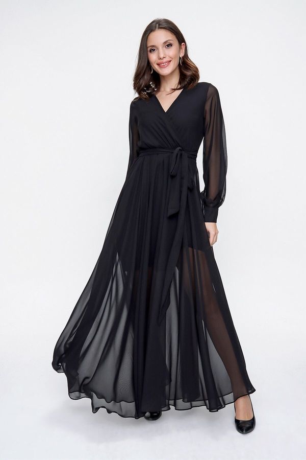 By Saygı By Saygı Double Breasted Neck Long Sleeve Lined Chiffon Long Dress Black