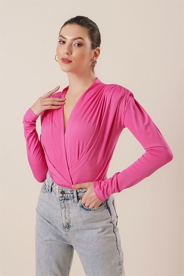 By Saygı By Saygı Double Breasted Neck Shoulder Gathered Waistband Snap-On Blouse Pink