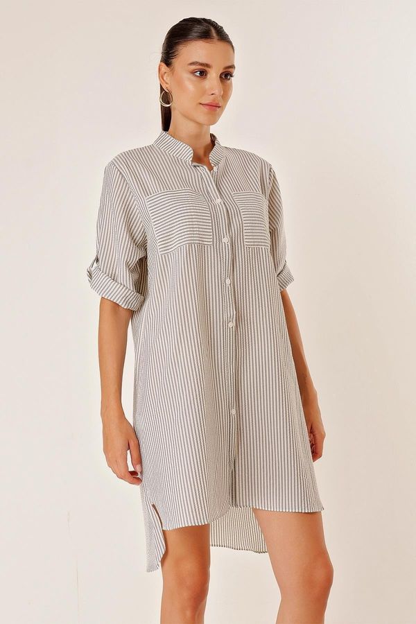 By Saygı By Saygı Double Pocket Front Short Back Long Longitudinal Striped Short Sleeve Seekers Dress Gray