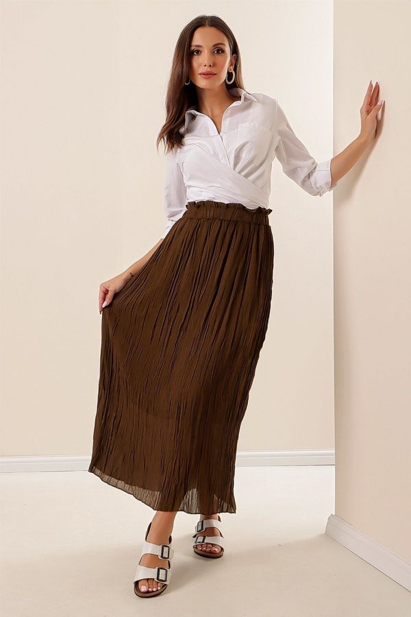 By Saygı By Saygı Elastic Waist and Lined Pleated Long Chiffon Skirt Khaki