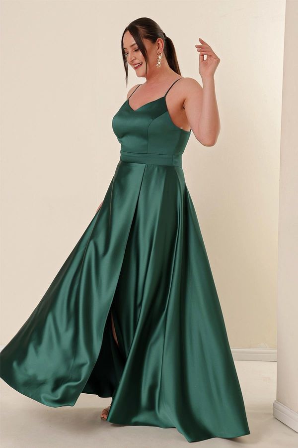 By Saygı By Saygı Emerald Plus Size Long Satin Dress With Rope Strap Lined Front Slit