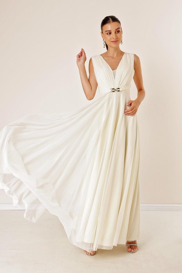 By Saygı By Saygı Front And Back V-Neck Front Buckled Tulle Evening Dress