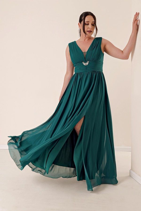 By Saygı By Saygı Front Back V-Neck Stone Detailed Waist Draped Plus Size Chiffon Long Dress With Front Slit Emerald
