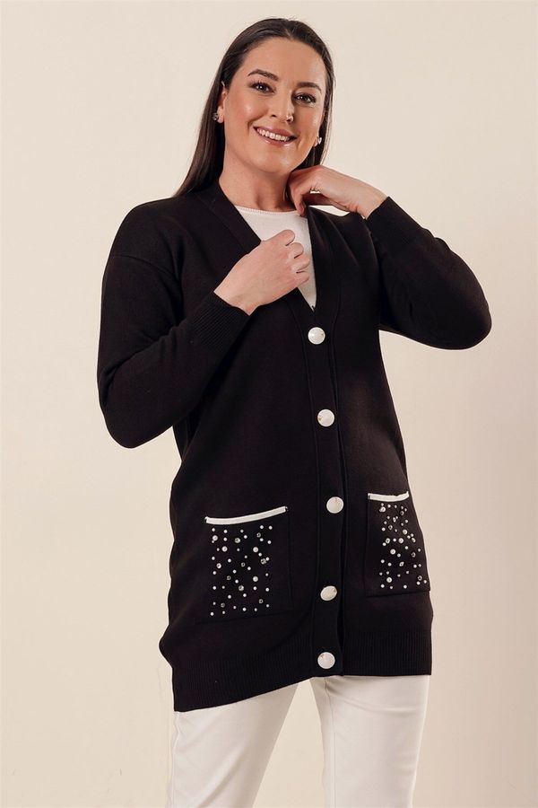 By Saygı By Saygı Front Buttoned Pockets Bead And Stone Detail Plus Size Acrylic Cardigan Black