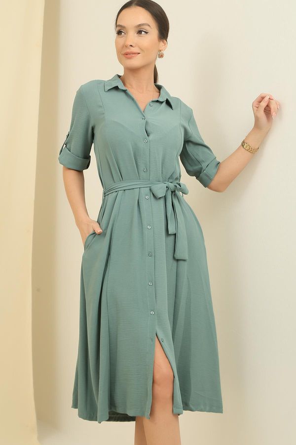 By Saygı By Saygı Front Buttoned Sleeve Fold Waist Belted Pocket Dress