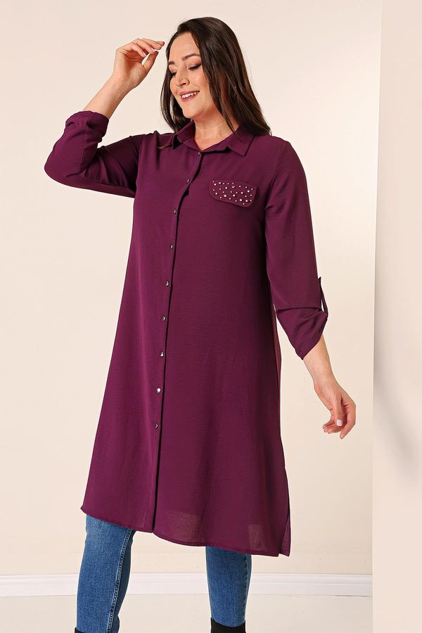 By Saygı By Saygı Front Buttoned Three Quarter Sleeve Pearl Detailed Plus Size Ayrobin Long Tunic