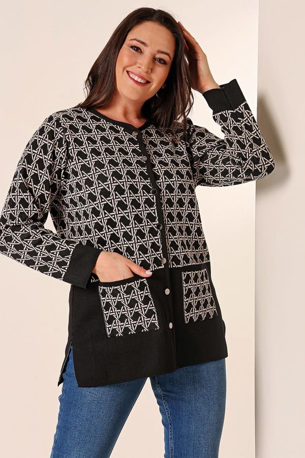 By Saygı By Saygı Geometric Pattern Plus Size Knitwear Cardigan with Front Buttoned Pockets