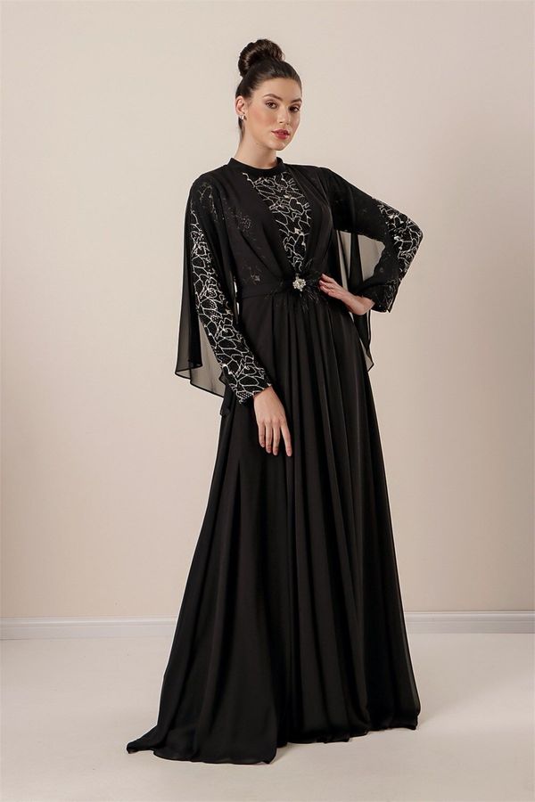By Saygı By Saygı Gilded Sequins Waist with Stone Vefeather Detail Lined Chiffon Hijab Dress Black.