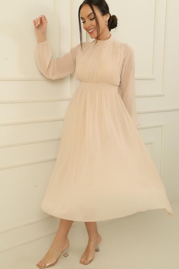 By Saygı By Saygı High Neck Pleated Sleeves Elastic Lined Chiffon Dress