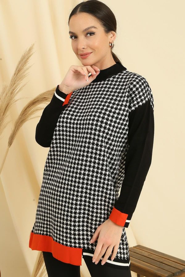 By Saygı By Saygı Houndstooth Patterned Striped Sleeves and Hem Comfort Fit Knitwear Tunic