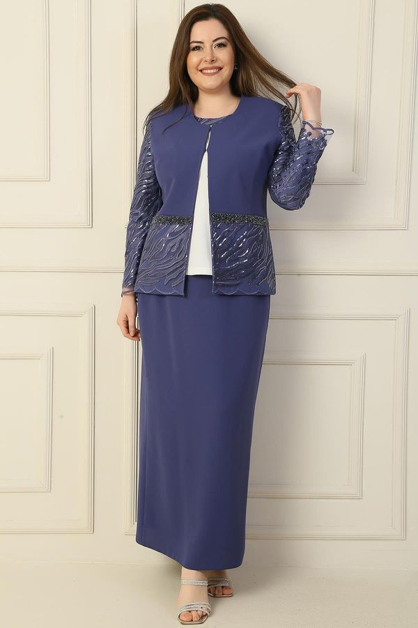 By Saygı By Saygı Inside Half Moon Sleeve Blouse Sequin Embroidery Bead Detailed Jacket Skirt Lined Large Size 3-Piece Set