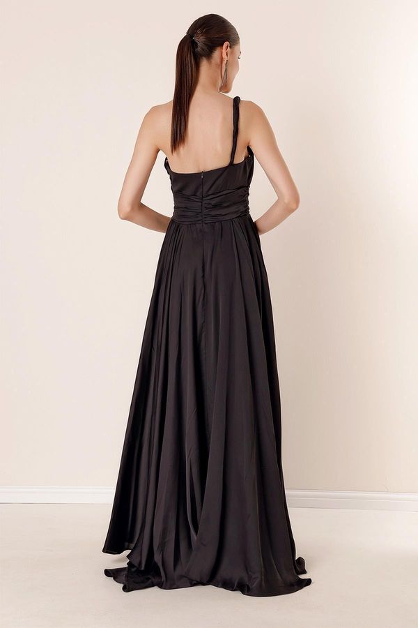 By Saygı By Saygı Knitted Single Strap Gathered Waist Lined Slit Long Dress Black