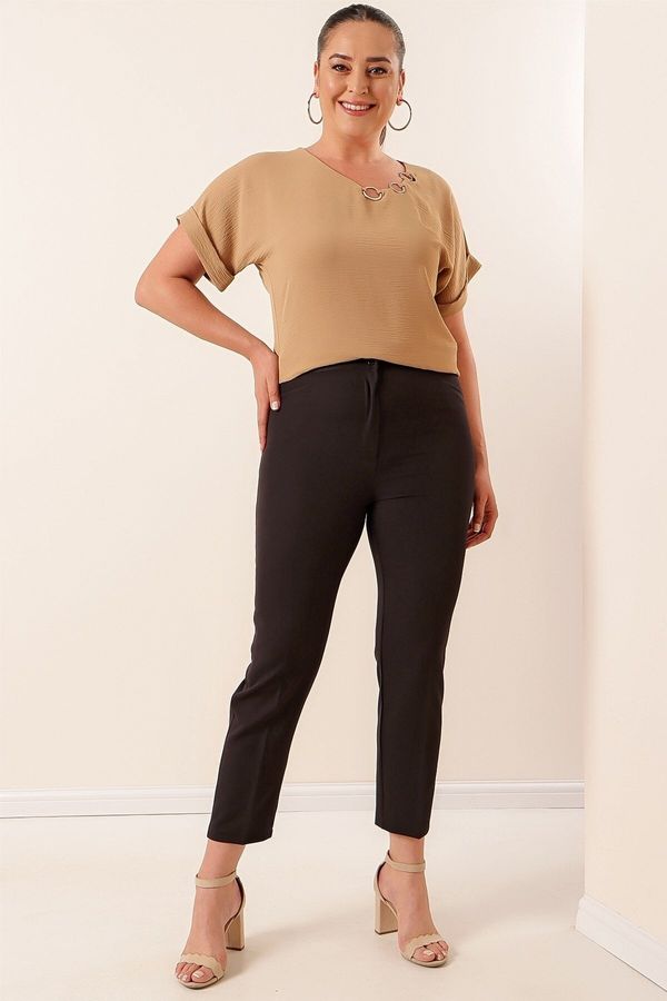 By Saygı By Saygı Large Size Lycra Plus Size Trousers Black with Elastic Waist and Pocket.