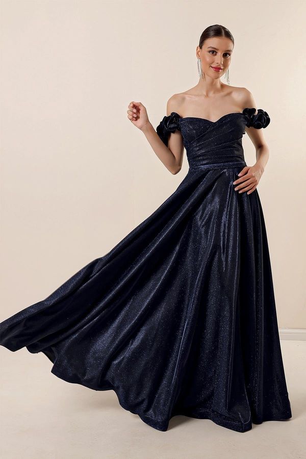 By Saygı By Saygı Lettuce Shoulders, Lined Draping Glittery Long Dress, Navy Blue