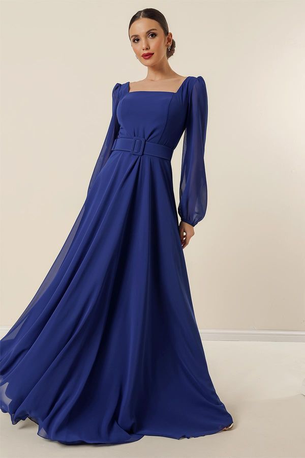 By Saygı By Saygı Lined Chiffon Long Evening Dress with a Square Neck Waist and Belted Belt.